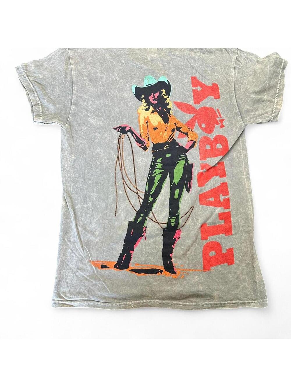 Playboy Grey Acid Wash Western Cowgirl Graphic Tee Mens Small